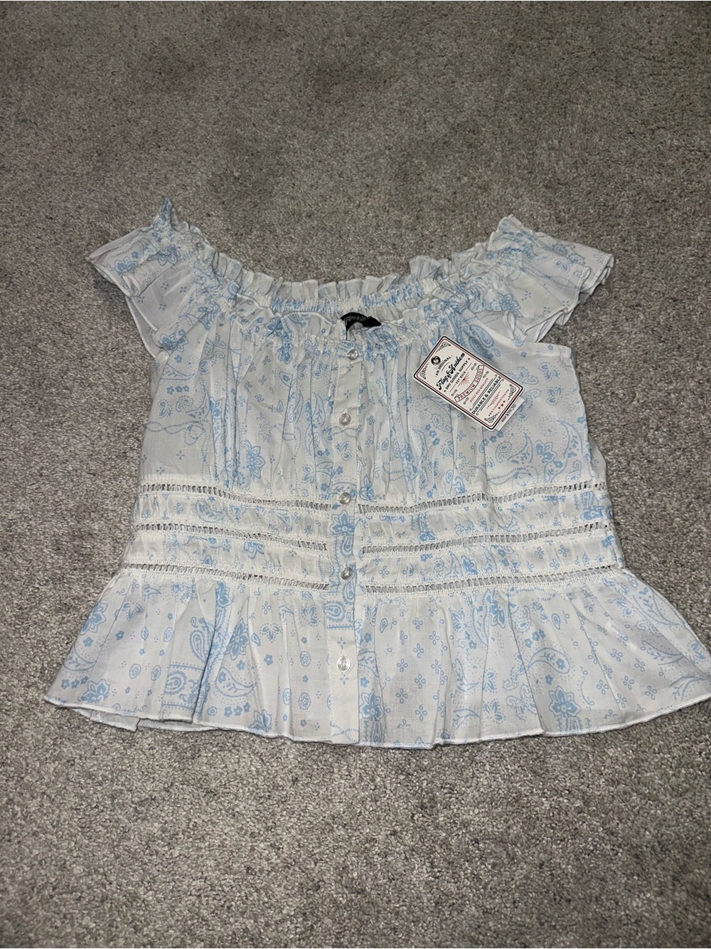 New - Flag & Anthem Light Blue Paisley Ruffle Peasant Blouse - size small